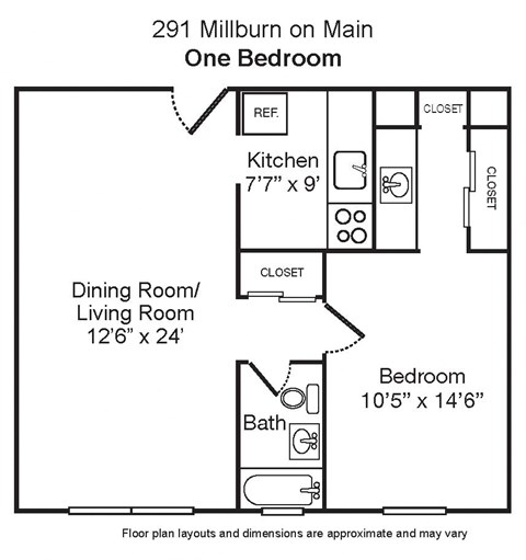 Floor plan for 1 bed, 1 bath